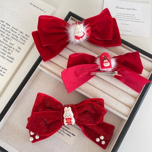 Three-piece red velvet bow hair clips for kids with cute rabbit and New Year embroidery