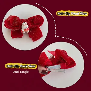 Red velvet bow hair clip with cute 3D bunny and metallic duckbill clip for girls