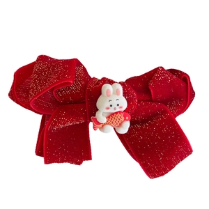 Red velvet New Year bow hair clip with cute cartoon rabbit and golden sequins detail