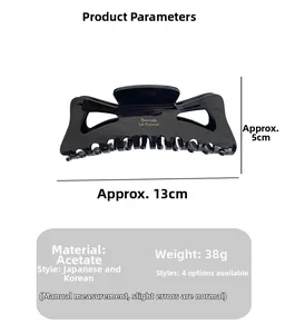 Detail view of 13cm black acetate hair claw clip with dimensions and weight specs