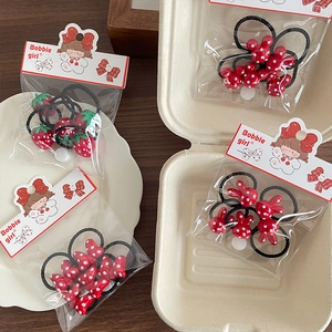 Red series cute polka dot bunny hair ties set for girls with strawberry and bow designs