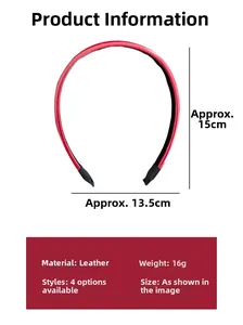 Detail showing dimensions of red PU leather headband with black protective tips