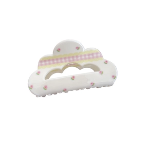 Pince à cheveux en forme de nuage avec motif tulipes roses et ruban à carreaux jaune