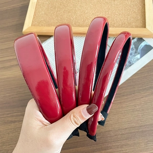 Set of four glossy dark red PU leather headbands with non-slip lining and fabric ends