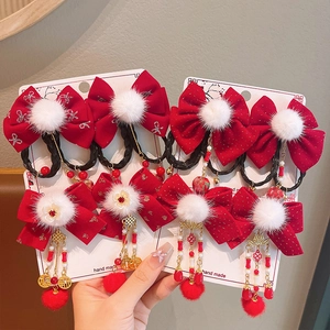 Traditionelle chinesische Neujahrs-Haarspangen mit roten Schleifen und Quasten für Mädchen