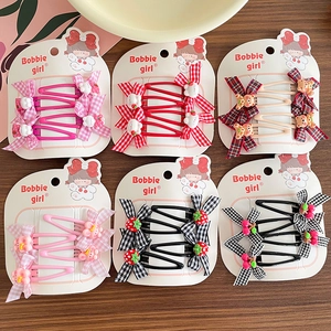Cute Cartoon Bow Plaid Kids Hair Clip Collection For Girls Strawberry Rabbit Pattern Snap Clip Elastic Hair Accessories