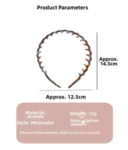 Detail view showing dimensions of a tortoiseshell acetate headband with fixed comb teeth