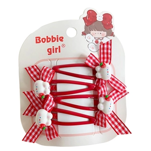 Cute red bow hair clips with rabbit and strawberry charms for girls on display card