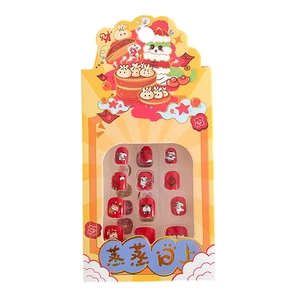 Kids Chinese New Year press-on nails set with red festive rabbit and lantern patterns