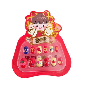 Colorful kids press-on nails set with red, yellow and blue cartoon graffiti patterns