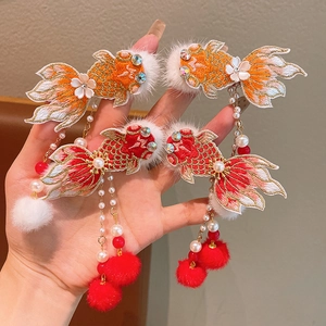 Barrettes à Cheveux Enfants Style Chinois Papillon Rouge Poisson Rouge Brodé Épingles à Cheveux à Gland Accessoires Nouvel An