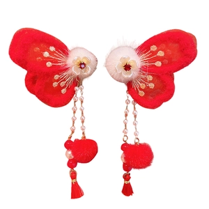 Pinces à cheveux du Nouvel An chinois avec pompons rouges et broderies dorées pour filles