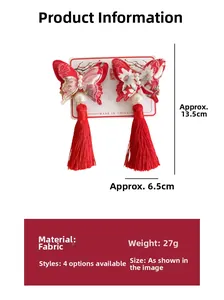 Detail of red Hanfu butterfly hair clip with pearl embroidery and long silk tassels