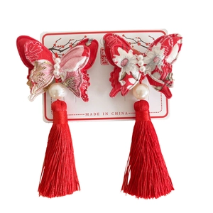 Exquisite red Hanfu butterfly hair clips with pearl embroidery and long tassels for girls