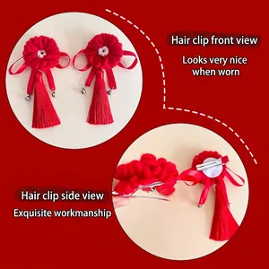 Barrettes à fleurs rouges tricotées avec pompons et clochettes pour costume Hanfu