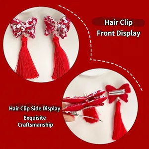 Fermagli per capelli classici in stile cinese con farfalle rosse con paillettes e nappe