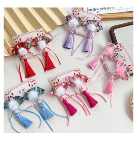 Traditional Chinese fan hair clips with tassels and plush balls in various colors