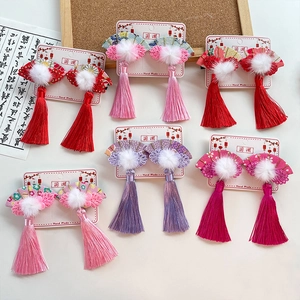Chinese Style Fan Hair Clips With Long Tassels Pom Poms Traditional Ethnic Hairpins For Girls Performance Performance