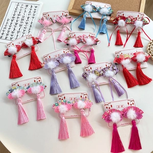 Traditional Chinese fan hair clips with tassels and plush balls for girls in multiple colors