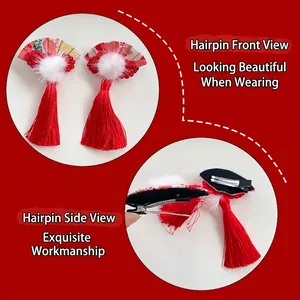 Traditional Chinese fan hair clip set with red silk jacquard and long tassels for girls