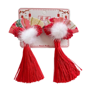 Traditional Chinese red fan hair clips with soft pom-poms and long flowing tassels