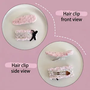 Pink tweed hair clips set with pearls and velvet bow decoration for girls