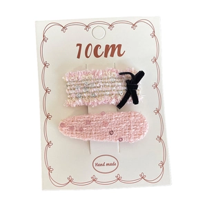 Pink tweed fabric hair clips with black velvet bow for kids and girls hair accessories