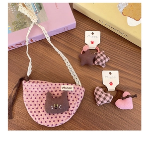 Sac bandoulière rose à pois avec patch chat et ensemble d'accessoires à cheveux