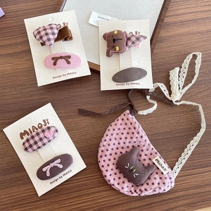 Barrettes à nœuds à carreaux de style preppy et pochette à pois pour jeunes filles