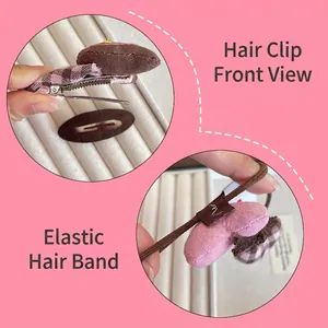 Barrette à nœud pied-de-poule et chouchou cœur en peluche rose pour filles et femmes