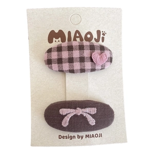 Set de barrettes en tissu style preppy avec cœur à carreaux rose et broderie nœud brun