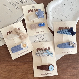 Sweet Fabric Bowknot Heart Star Hair Clips Set For Girls Kids Manual Fabric BB Clips Simple Blue Khaki Hair Accessories