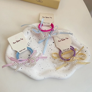 Koreanischer Stil Süße Schleife Künstliche Perlen Haargummis Für Kinder Mädchen Karierte Schleifenband Elastische Haarbänder Schmuck