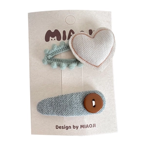 Handmade fabric hair clips set with embroidered heart and knit bow for girls