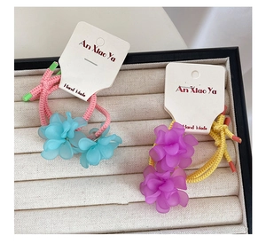 Close-up of matte resin flower hair ties in blue and purple on a white display card