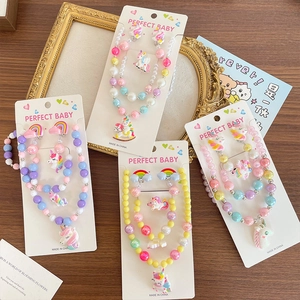 Parure de Bijoux en Perles Licorne Arc-en-Ciel pour Filles avec Collier Bracelet Bague Boucles d'Oreilles à Clip