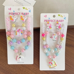 Parure bijoux licorne arc-en-ciel avec collier de perles, boucles et bague filles