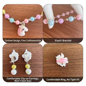 Parure bijoux licorne arc-en-ciel avec collier de perles, bracelet et boucles d'oreilles