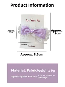 Detail view of purple lace bow hair clip with heart gem showing 10cm width dimensions