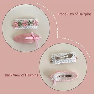 Lot de deux barrettes à fleurs en dentelle et ruban pour filles en tissu rose et blanc