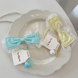 Lace bow hair ties set in light blue and yellow with pearly beads and cotton fabric