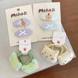 Cute cartoon bear and puppy fabric hair clips and elastic hair ties set for girls