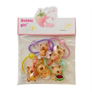 Set of 5 elastic hair ties for kids featuring cute cartoon capybaras with summer fruit icons