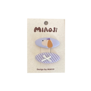 Cute cartoon puppy and purple plaid hair clip set for girls on a textured display card