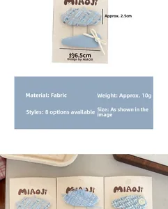 Detailed size specifications for blue lace fabric hair clips showing length and width dimensions
