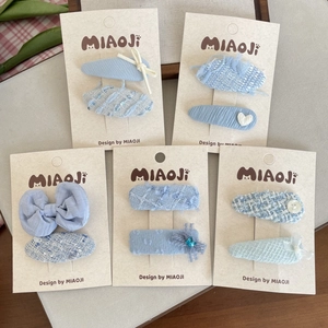 Sweet Blue Tweed Bow Hair Clips Set For Girls Princess Style Lace Fabric Handmade Hairpin Hair Accessories For Daily Party