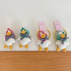 Cute 3D Cartoon Duck Hair Clip And Hair Tie For Kids Handmade Fabric Animal Hairpin Plaid Bowknot Girl Hair Accessories