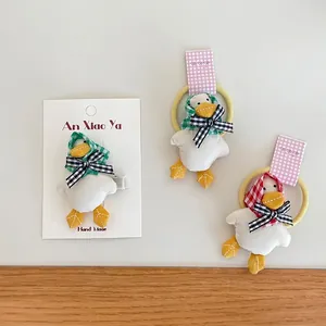 Cute handmade cartoon duck hair clip and hair ties set with colorful plaid patterns