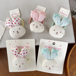 5-piece set of handmade rabbit hair clips and ties with plaid patterns for girls