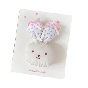 Handmade 3D bunny hair clip with floral fabric ears and pink ribbon for young girls
